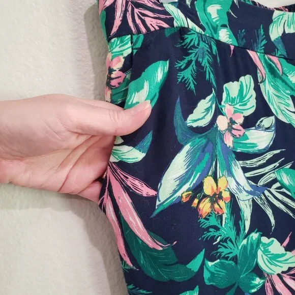 LOFT Linen Blend Pull-On Wide Leg Palazzo Pants Size M Navy Pink Green Pโฆ - Picture 11 of 13